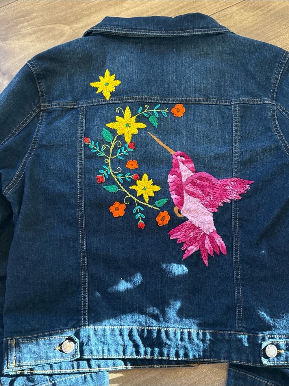 Embroidered Pink Hummingbird Denim Jacket